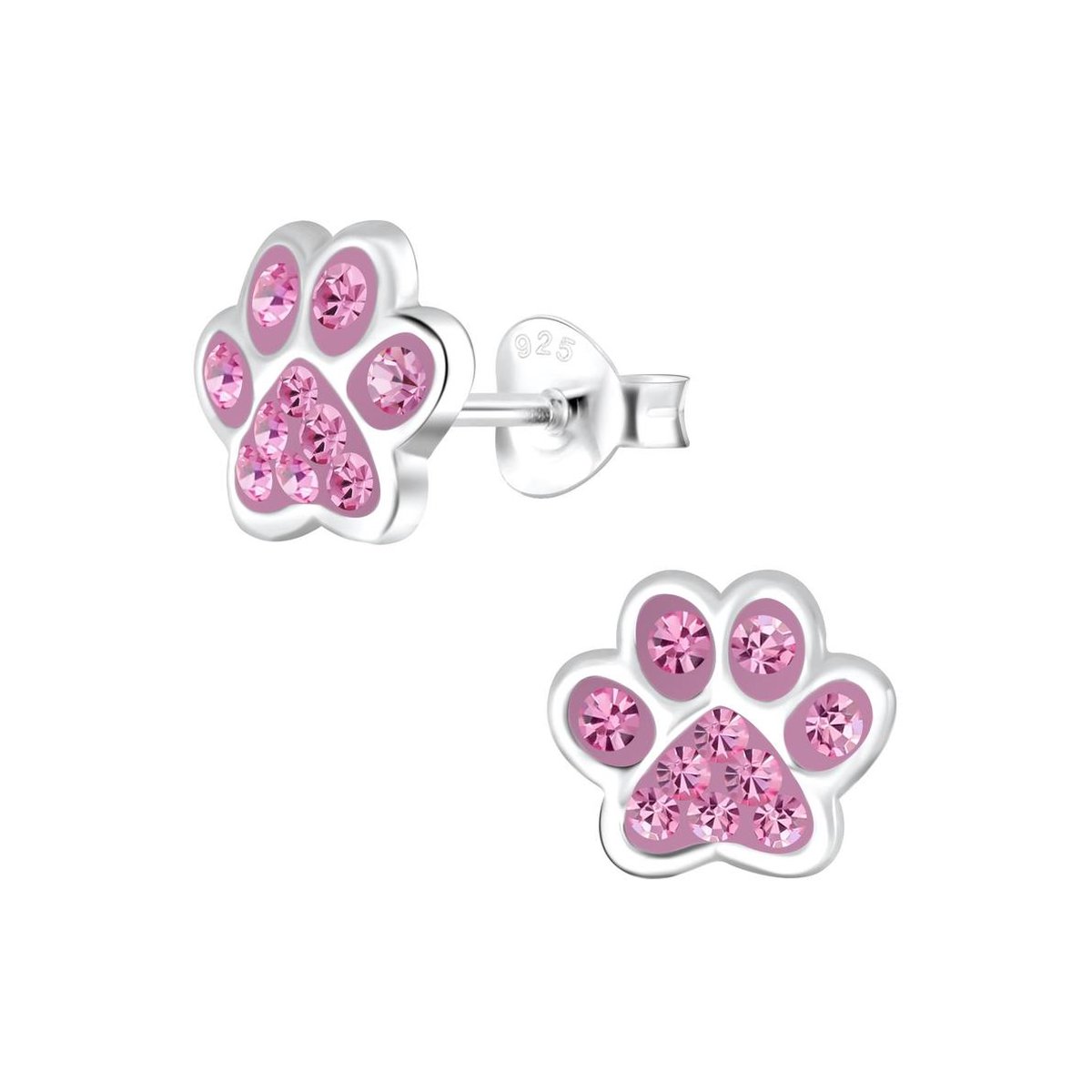 zilveren kinderoorbellen hondenpoot roze 20 kristal | Kat hond Dieren poot Oorknopjes Meisje Zilver hondepoot | Zilverana | Sterling 925 Silver