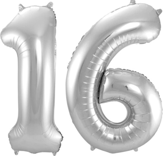 Ballon Cijfer 16 Jaar Zilver Verjaardag Versiering Zilveren Helium Ballonnen Feest Versiering 86 Cm XL Formaat Met Rietje