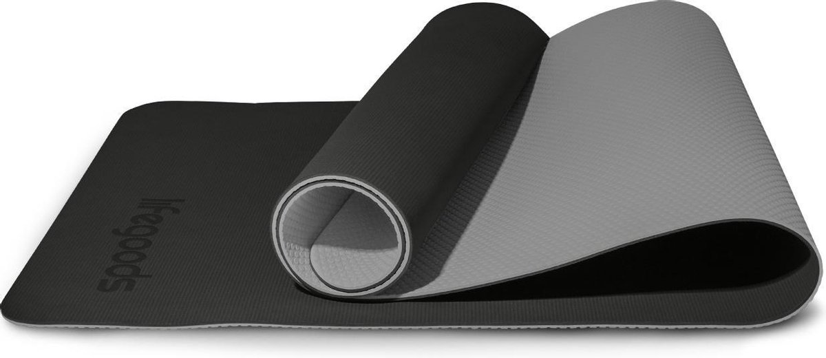 LifeGoods Yoga Mat - Draagriem - Anti Slip - Extra Dik (6 mm) - 61 x 183 x 0,6 cm - Zwart/Grijs