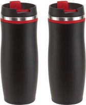 Set van 2x stuks RVS Warmhoudbeker/warm houd beker zwart/rood 400 ml - Isoleerbeker/thermosbekers - Dubbelwandig