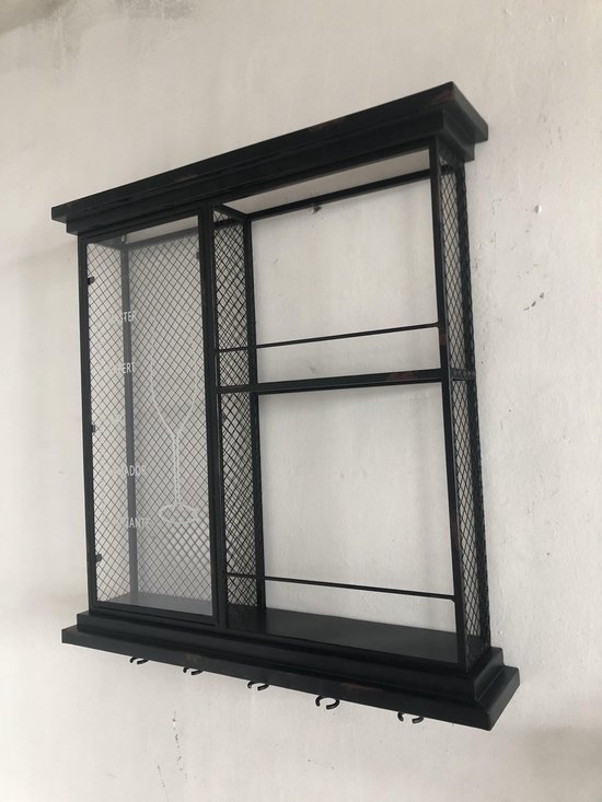 Wandkast wijn metaal met glas en wijnglashouders 68x66cm