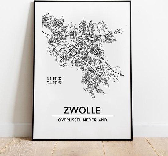 Zwolle city poster, A3 (30x40 cm) met lijst, plattegrond poster, woonplaatsposter, woonposter