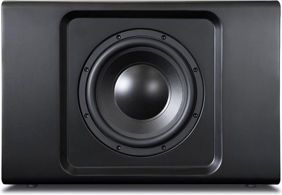 Zwarte Bluesound Pulse Sub+ subwoofer met zichtbare woofer aan de voorzijde.