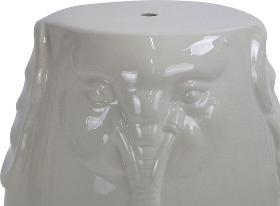 Close-up van een witte keramische kruk met een olifantengezicht, met nadruk op de ogen en slurf.
