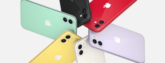 Zes iPhones in verschillende kleuren gerangschikt in een cirkel.
