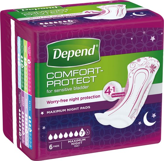 Depend Comfort-Protect voor gevoelige blaas, Maximum Night Pads. Paarse verpakking met sterren en een maan, groene band.