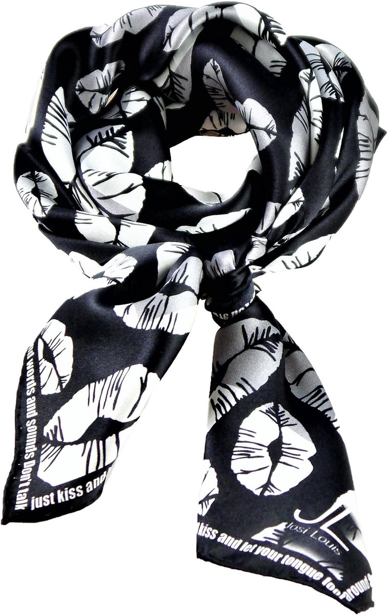 Josi Louis 100% Zijden sjaal - Don’t talk just kiss - Zwart Wit Grijs - vierkant 60×60 cm - luxe zacht zijden sjaal