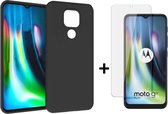 Motorola Moto G9 Play & E7 Plus Hoesje Zwart - Siliconen Back Cover & Glazen Screenprotector