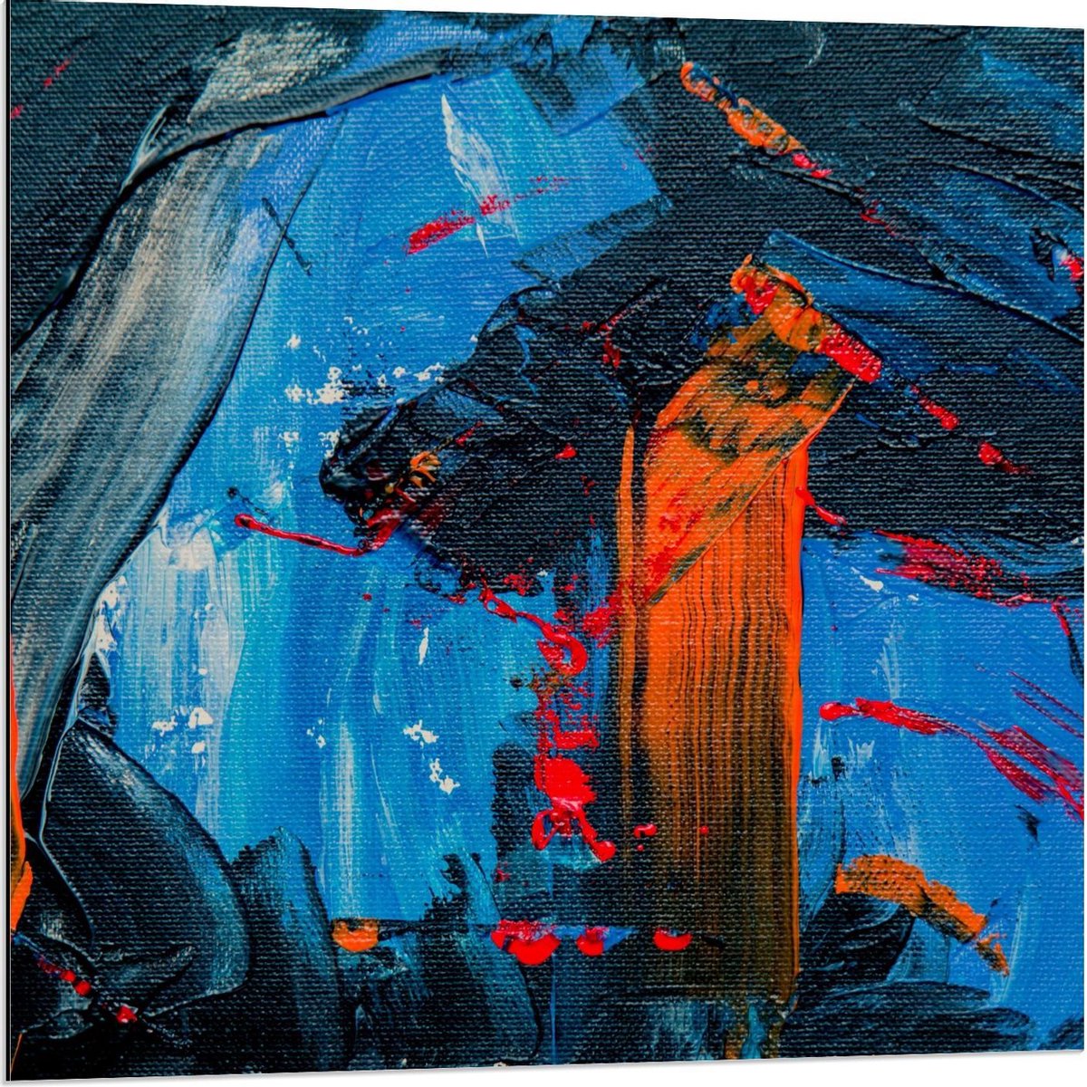 Dibond - Schilderij Verfstrepen (zwart/blauw/oranje) - 80x80cm Foto op Aluminium (Met Ophangsysteem)