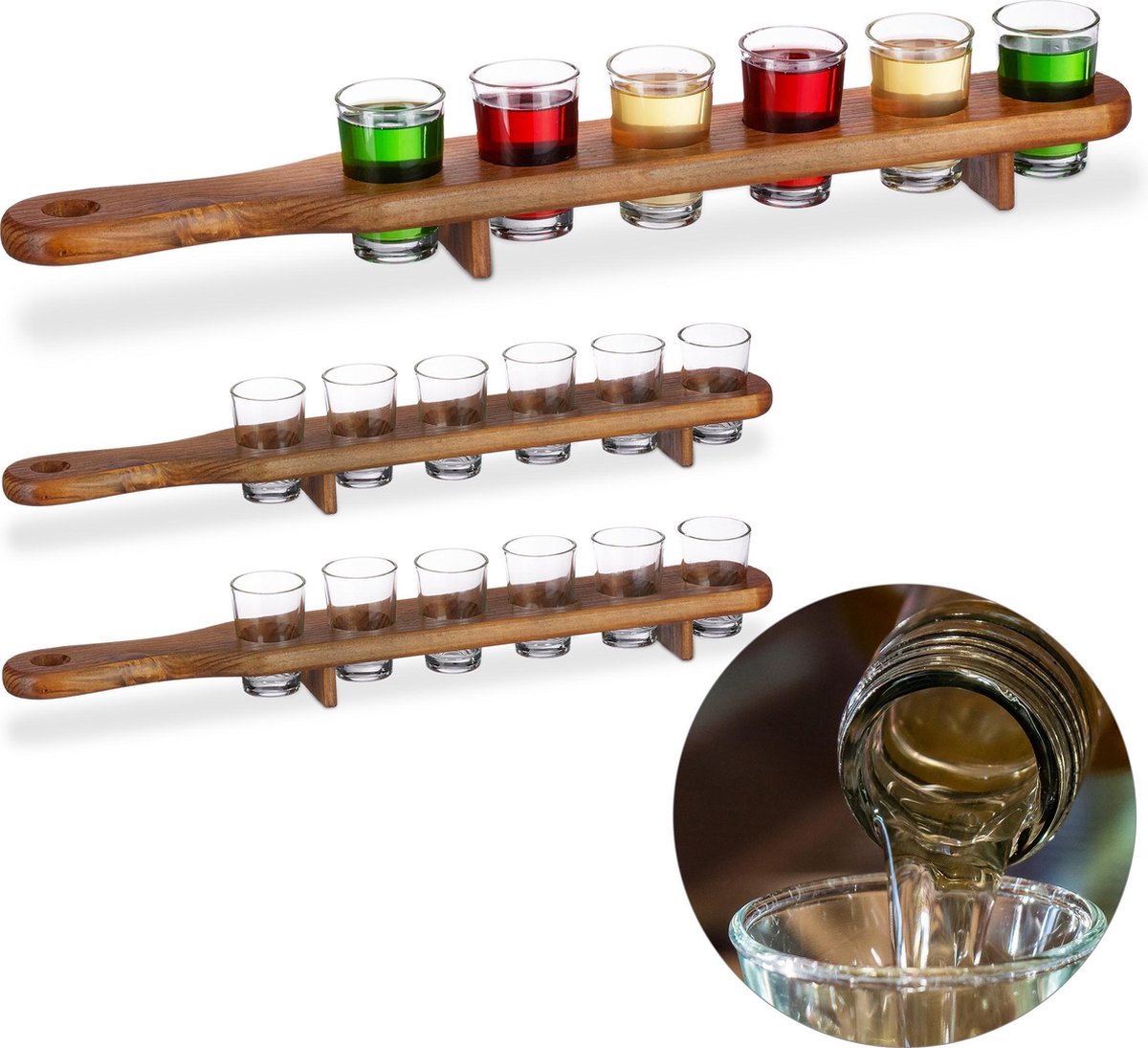 3x shotglas set met plank - serveerplank - 12 glaasjes - 4 cl shotglaasjes