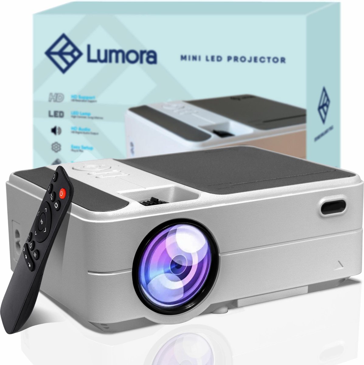 Lumora – Mini Beamer Wifi - Wit – Compact – Projector- 3800 Lumen – Full HD - Inclusief HDMI Kabel – Afstandsbediening – Mini Led Projector - Beamer – Presentaties – Films – Games – Thuisbioscoop – Telefoon – 50.000 branduren – Handmatige focus - Lumora