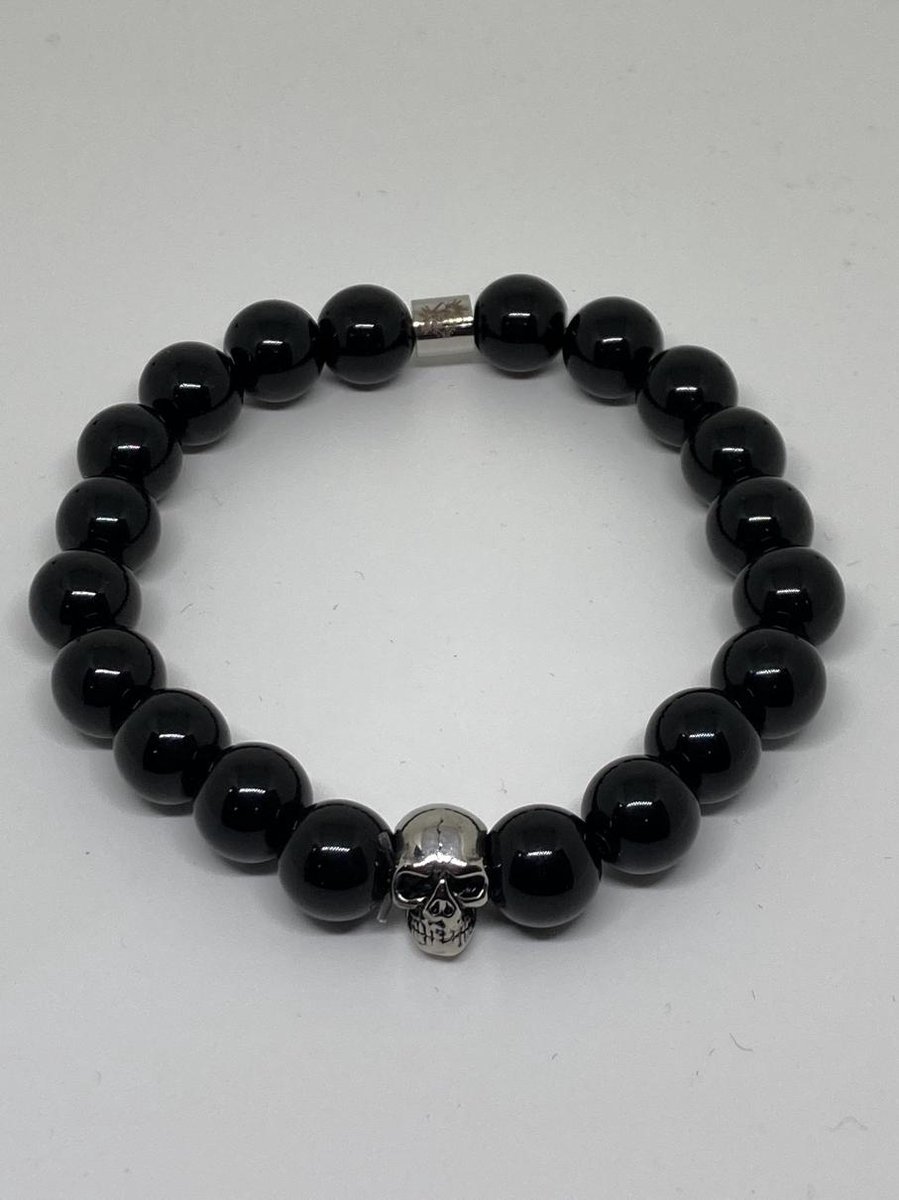 RH-Jewelry. Heren armband. Agaat zwart met stalen skull. Maat 21 cm.