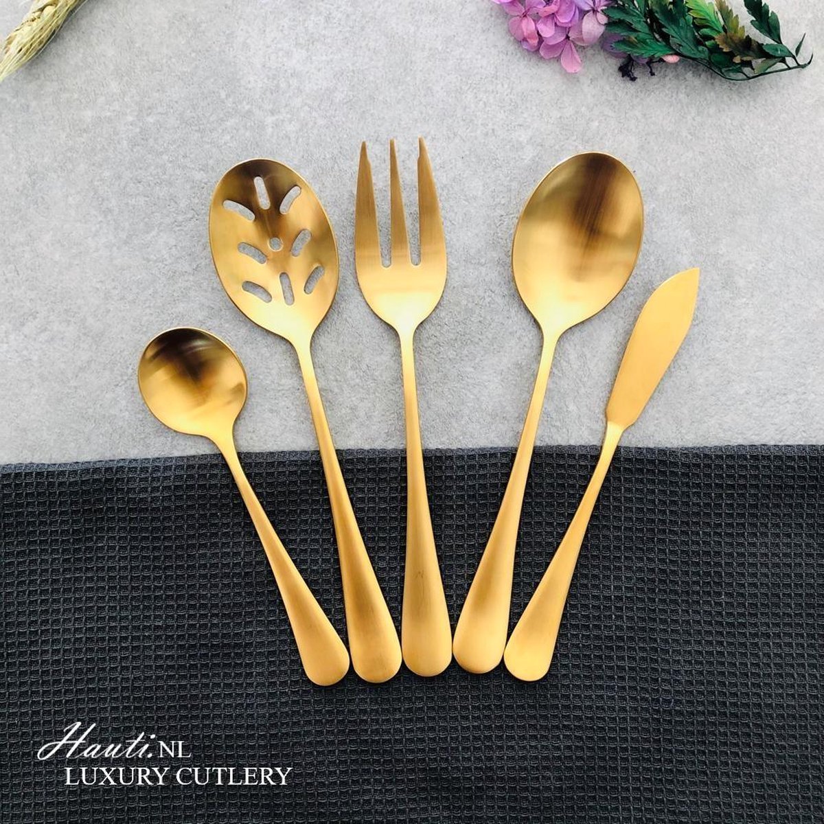 Hauti Luxury Cutlery Serveer Lepels (5delig) Serving Spoon Set Mat Goud Gold...