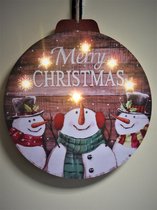 Houten wandbord met LED verlichting - Kerst schilderij - Wandbord als kerstbal - 3 Sneeuwmannen + Merry Christmas - 6 x LED - 30 x 32 x 2,2 cm - B/O - Kerstdecoratie