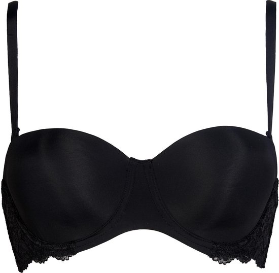 Zwarte strapless beha met kanten details aan de zijkanten en onderkant. Gladde cups.