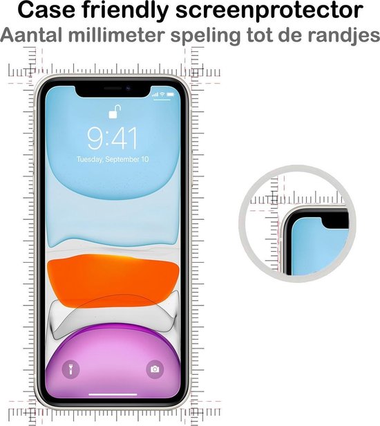 Case friendly screenprotector, aantaal millimeter speling tot de randjes.