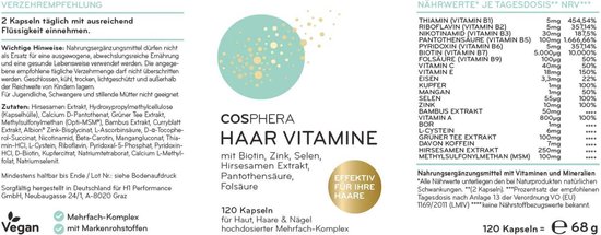 cosphera haar vitamines biotine haargroei producuten huid haar nagels 120 veganistische capsules