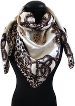 Vierkante luipaard sjaal in creme donkerbruin zijdezacht satijn 90 x 90 cm