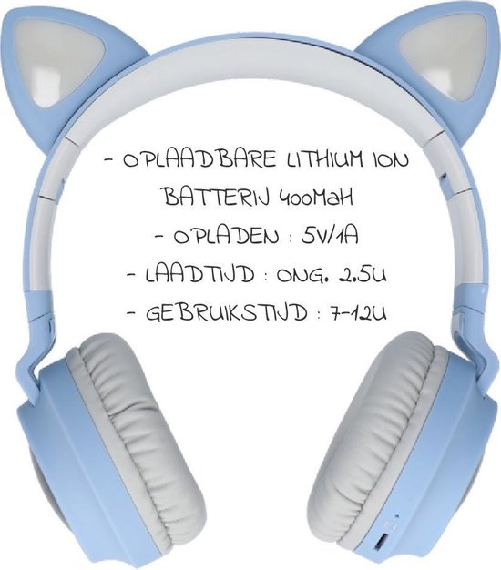 Kinder hoofdtelefoon - koptelefoon Bluetooth led kattenoortjes licht blauw