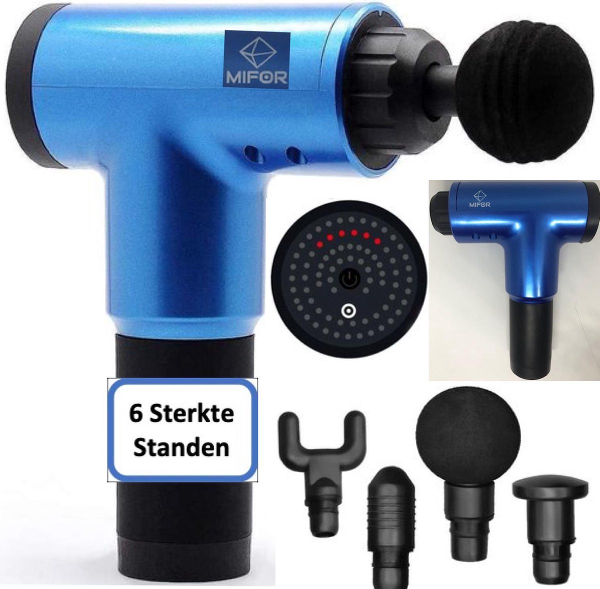 MIFOR Populair Massage Gun - Lange Batterij - 4 Verschillende Opzetstukken - Blauw