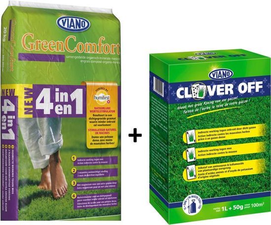 Combi pakket Clever off 1L + Viano 4in1 meststof 10kg: voor een gezond gazon zonder klaver