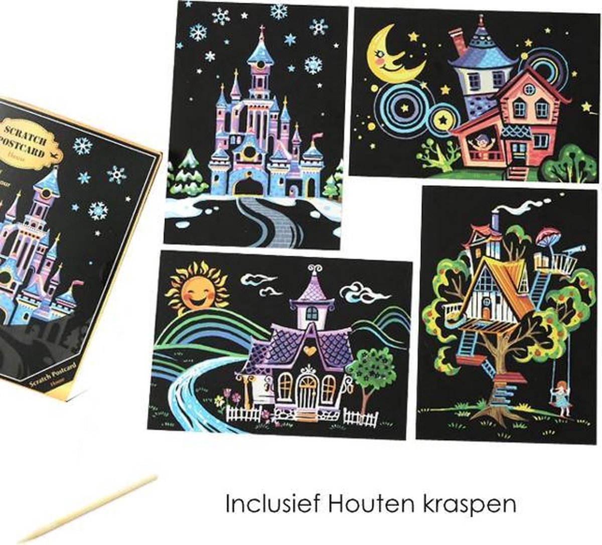 Kras tekeningen voor kinderen - 4 stuks - 20 x 14cm - Thema Kastelen en Huisjes - Scratch Art - Kraskaarten kinderen