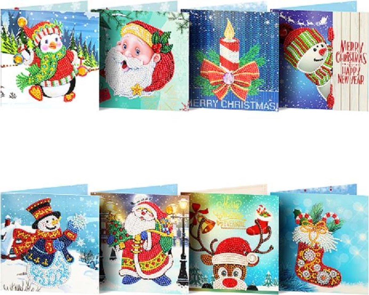 8 Diamond Painting Kerstkaarten - 15x15cm - Christmas kaarten met enveloppen - Diamond painting complete set - Merkloos