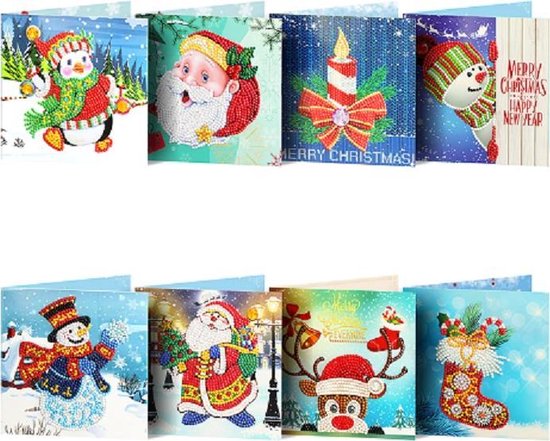 8 Diamond Painting Kerstkaarten - 15x15cm - Christmas kaarten met enveloppen - Diamond painting complete set