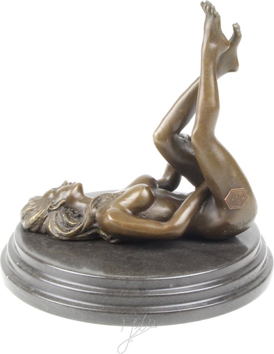 Erotisch Beeld - Naakte vrouw op rug - Bronzen beeldje - Intiem - 19,2 cm hoog