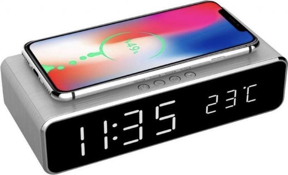 Digitale wekker - Met draadloze oplader - Qi charger - Datum en tijd - Zilver