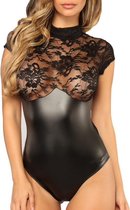 Zwarte Wetlook Body met kant - Alcina