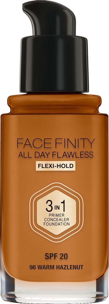Max Factor Facefinity foundation, 3-in-1 primer, concealer, foundation, SPF 20, 98 Warm Hazelnut.