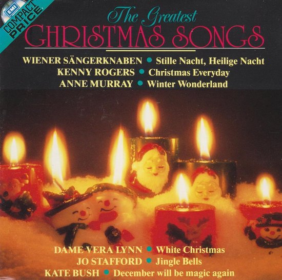 De hoes van "The Greatest Christmas Songs" toont brandende kerstkaarsen met decoraties van sneeuwpoppen en kerstmannen.