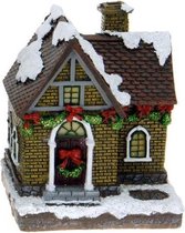 1x Polystone kersthuisjes/kerstdorpje huisjes gele stenen met verlichting 13,5 cm - Kerstdorp onderdelen - Verlichte kersthuisjes
