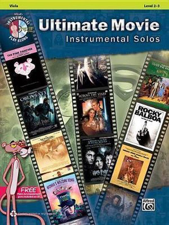 Livre 'Ultimate Movie Instrumental Solos' avec des pellicules de film et la Panthère Rose.