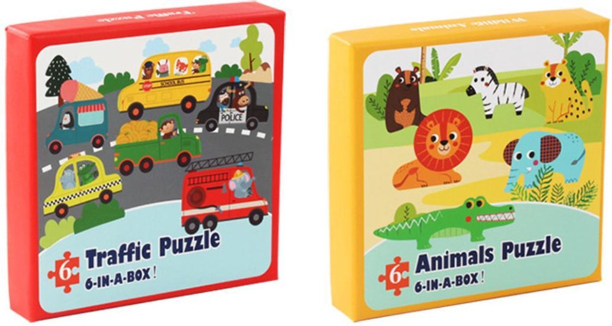 Twéé verschillende sets 6-in-1 extra grote 2*6*6 stuks puzzel van hoge kwaliteit- Stadsverkeer & Bosdieren - kinderpuzzel - educatief speelgoed voor kinderen - MiDeer