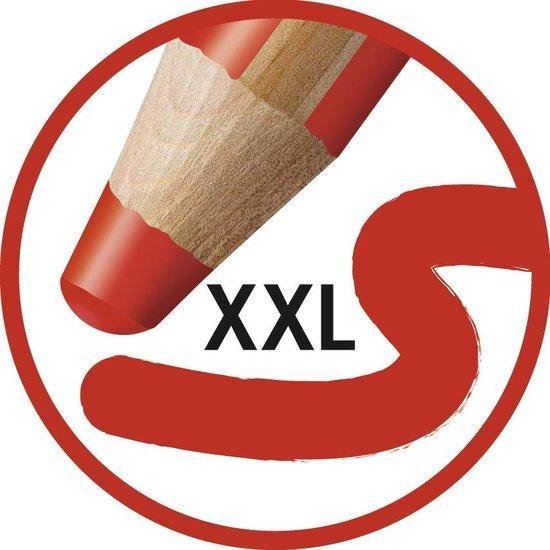 Rood STABILO woody potlood met rode punt, met de tekst 'XXL' en een grote rode S.