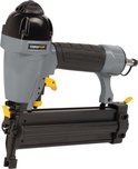 Grijze en zwarte pneumatische tacker met zwarte grip en gele trekker.