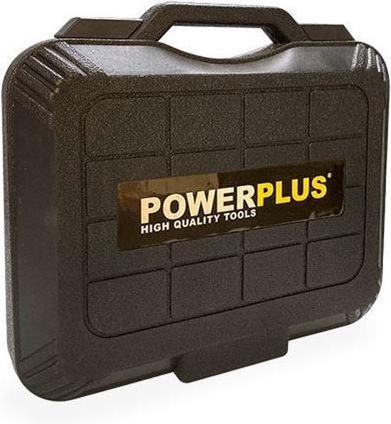 Zwarte opbergkoffer voor gereedschap met Powerplus logo.