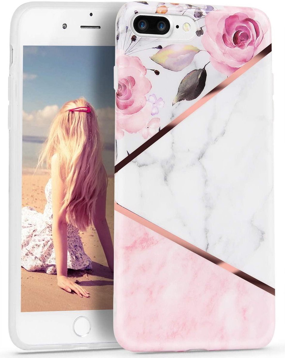 Geschikt voor Apple iPhone 7 / 8 Plus - Wit - Roze - Marmer - Bloemen - Soft TPU