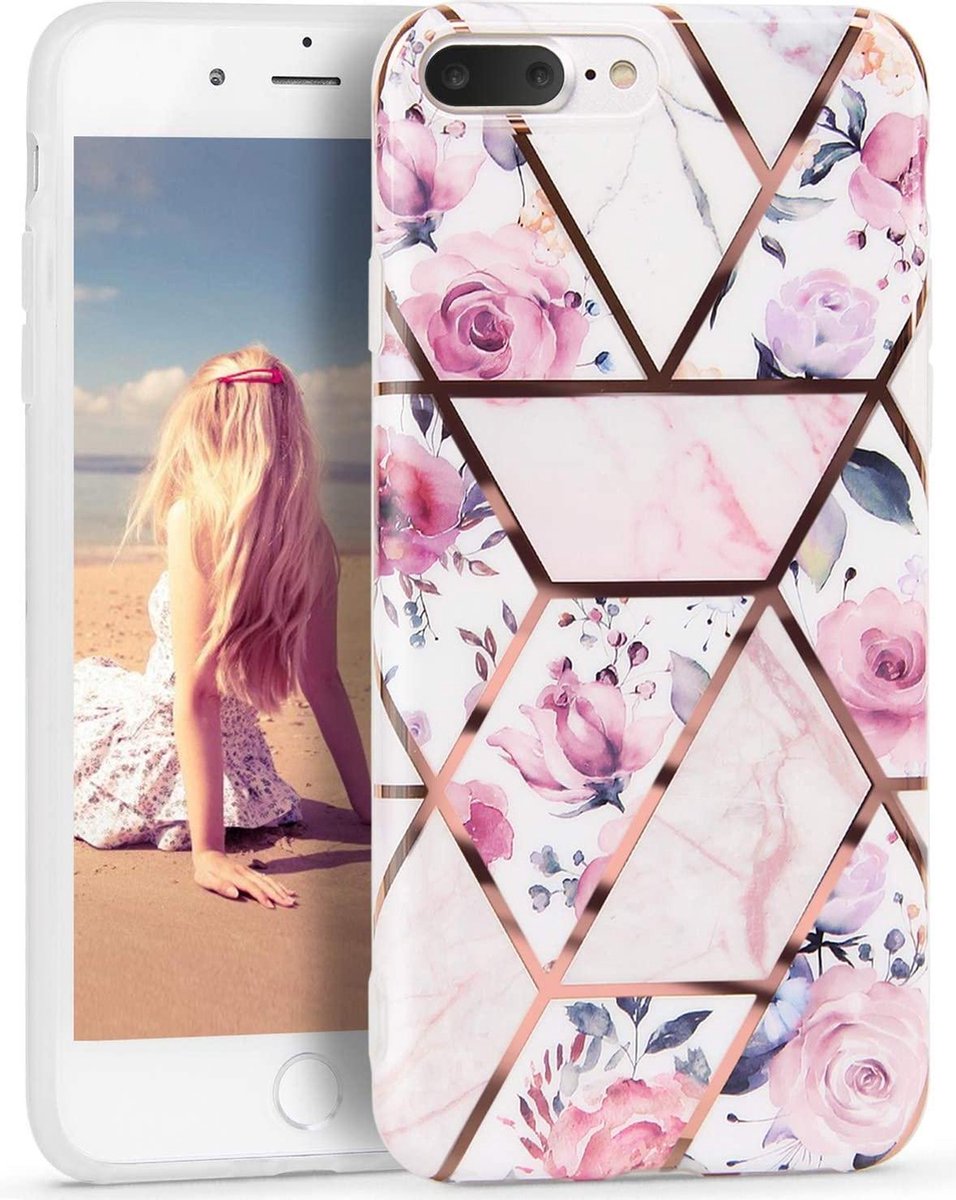 Geschikt voor iPhone 7 / 8 Plus - Wit - Roze - Marmer - Bloemen - Soft TPU