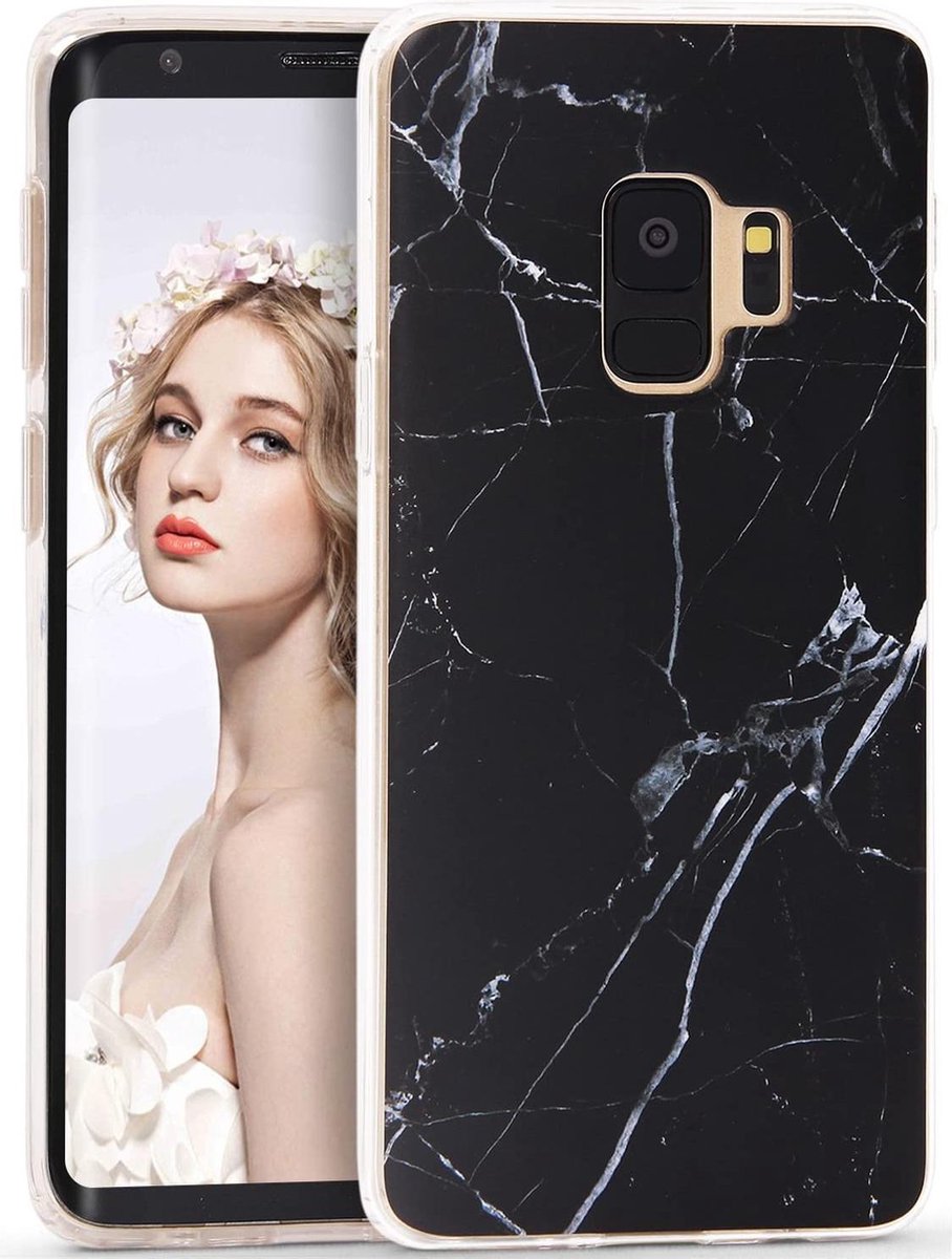 Geschikt voor Samsung Galaxy S9 hoesje - Zwart / Wit - Marmer - Soft TPU
