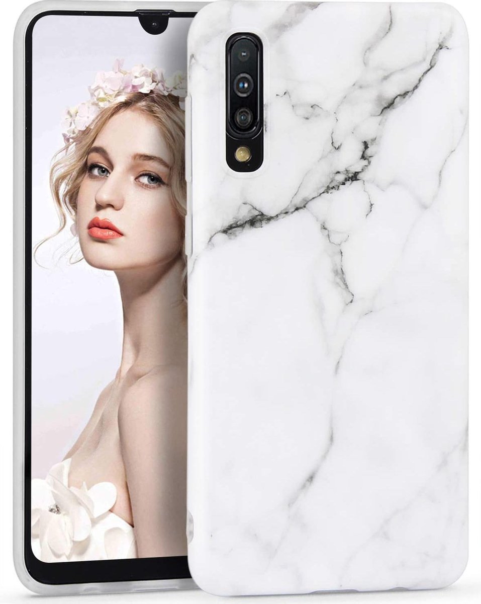 Geschikt voor Samsung Galaxy A70 hoesje - Wit / Zwart - Marmer - Soft TPU