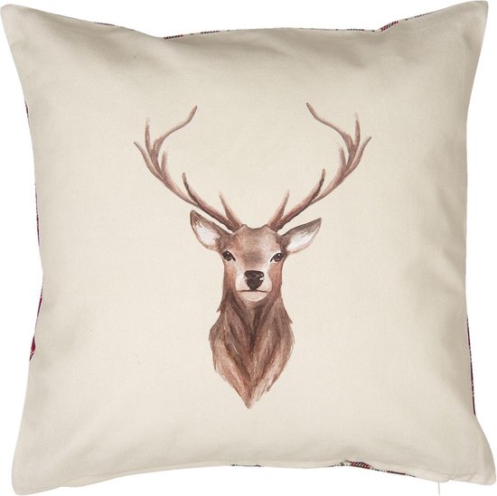Clayre & Eef Kussenhoes 40x40 cm Beige Rood Katoen Hert