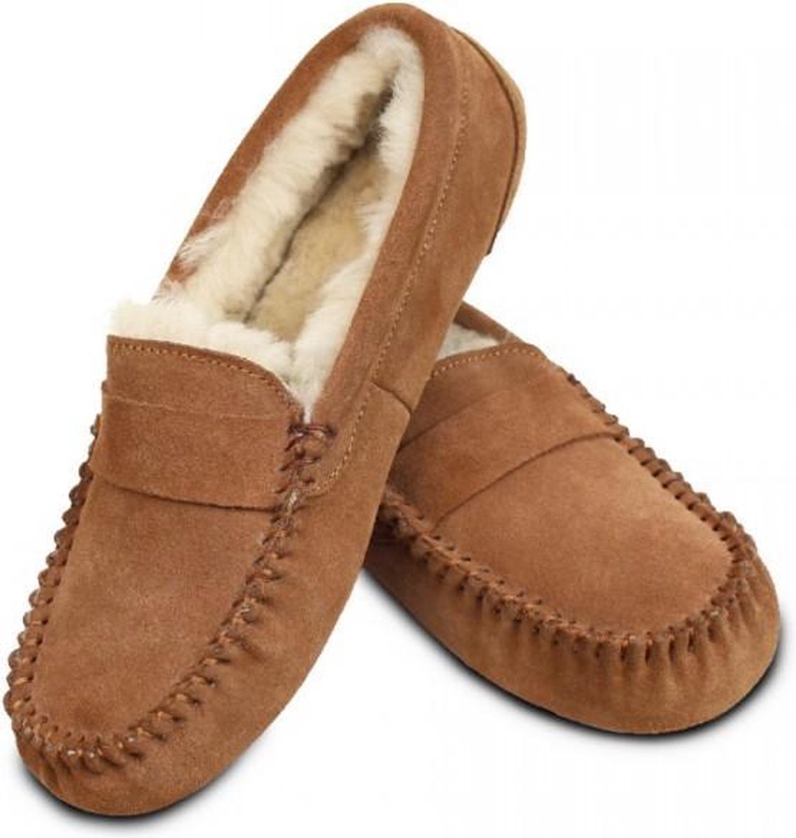 Pantoffel Mocassin suède bruin gevoerd met echt lamswol maat 41