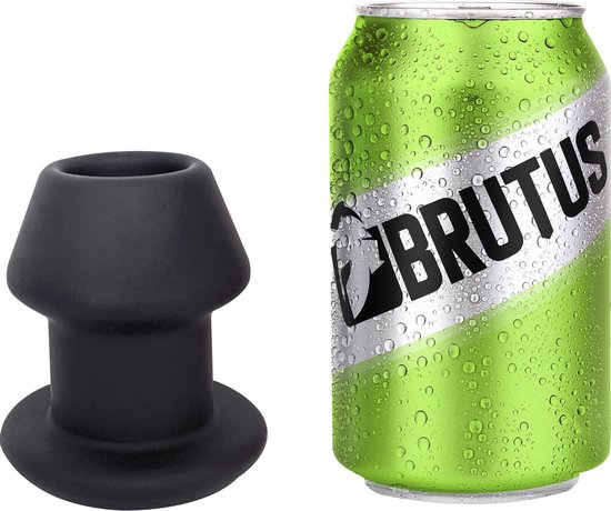 Zwarte Brutus tunnel plug naast een frisdrankblikje.
