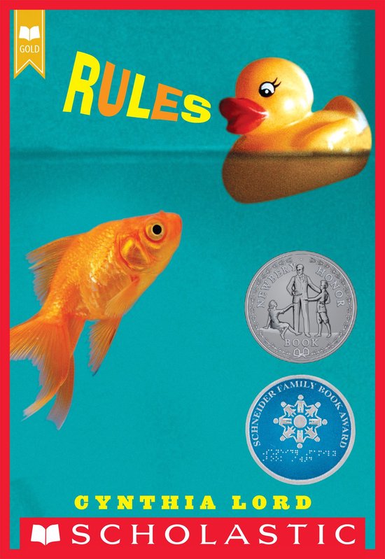 Gouden "Rules" boek met een goudvis en een badeendje op een blauwe achtergrond.