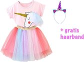 Unicorn rok - Eenhoorn Shirt - 116/128 (130)- Verkleedkleding Meisje - Gratis Haarband | Roze