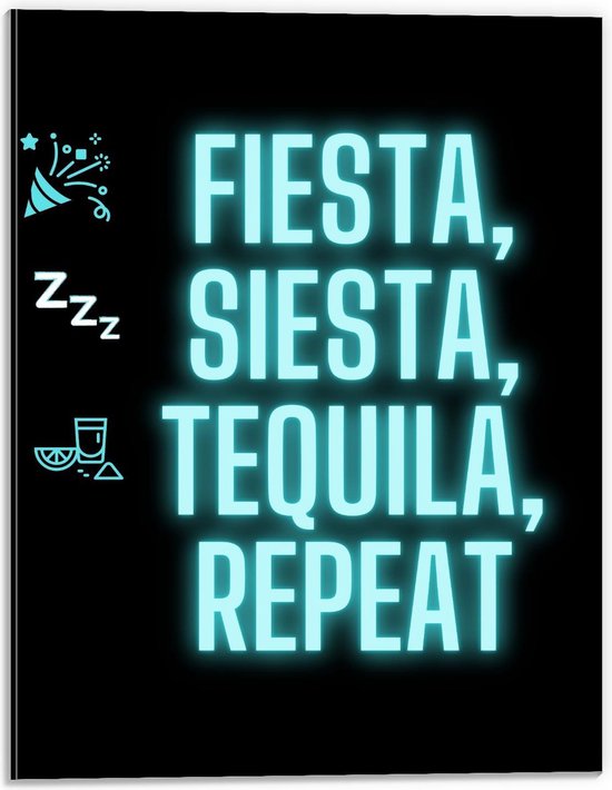 Dibond - Tekst: ''Fiesta, Siesta, Tequila, Repeat'' zwart/blauw met figuren - 30x40cm Foto op Aluminium (Met Ophangsysteem)