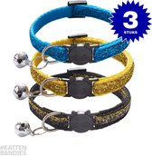 Halsband kat | Kattenhalsband | Kitten | Kattenhalsbandjes met veiligheidssluiting en belletje in 3 glitter kleuren - 3-pack